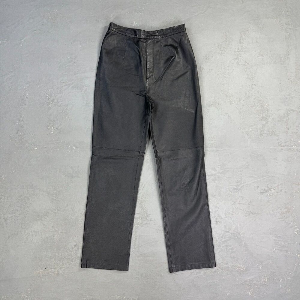 Vintage Newport News Black Leather High-Waisted Straight Leg Pants Fit 26 x 28